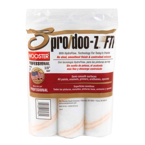 Three-pack of Wooster Pro/DOO-Z FTP smooth paint rollers with 3/8 inch nap for semi-smooth surfaces in home improvement tasks