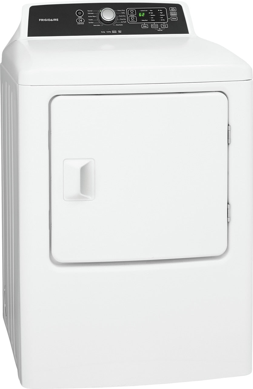 White free standing gas dryer with digital control panel and multiple drying cycle options in appliance setting