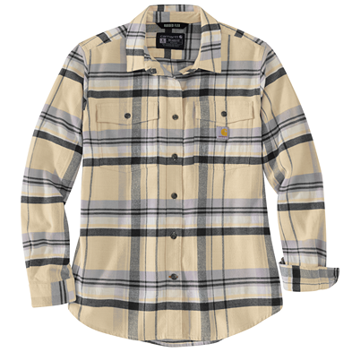 Women's oat milk plaid long-sleeve flannel shirt crafted with soft breathable TENCEL™ fabric for casual wear