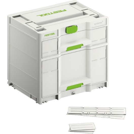 Compact white and green Festool tool storage box with multiple drawers for workshop organization and woodworking tools