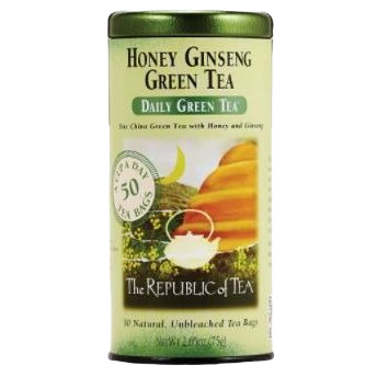 Cylindrical green tea tin with honey ginseng flavor containing 50 natural unbleached tea bags