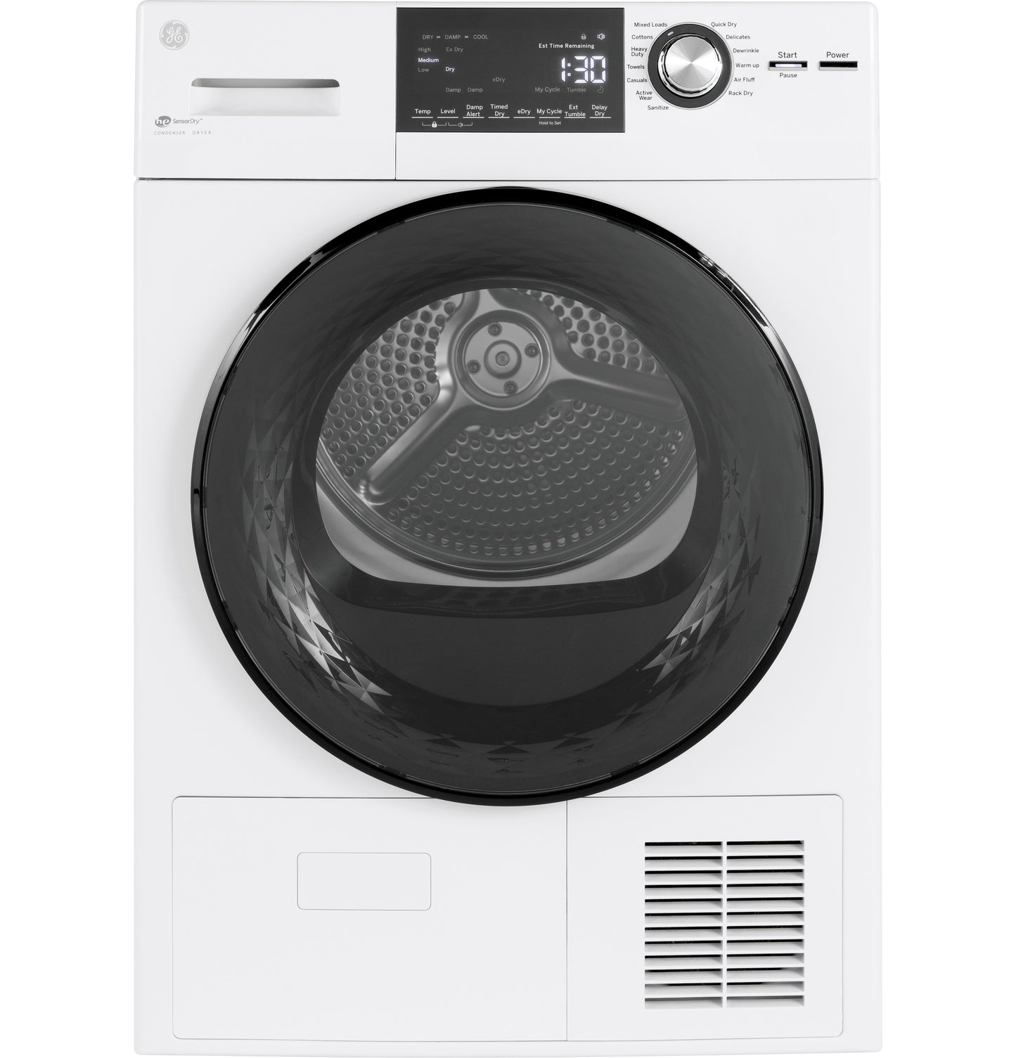 Front-load ventless electric dryer in white with digital display, control knob, and stainless steel drum in appliances collection
