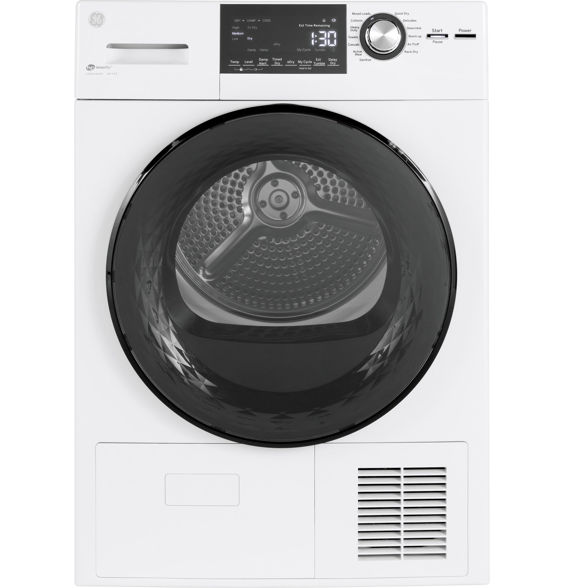 Front-load ventless electric dryer in white with digital display, control knob, and stainless steel drum in appliances collection