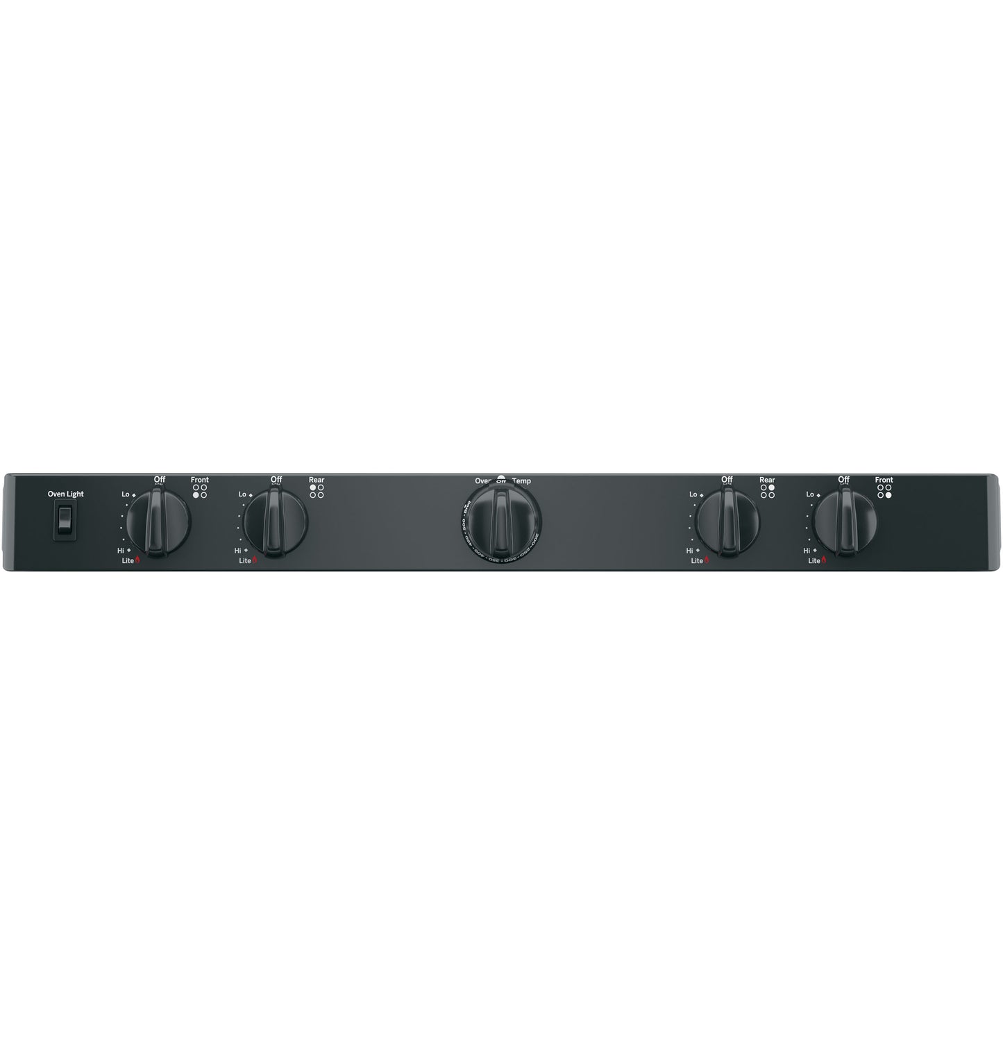 Control panel with five black knobs for burners and oven light switch on gas range in kitchen appliances collection