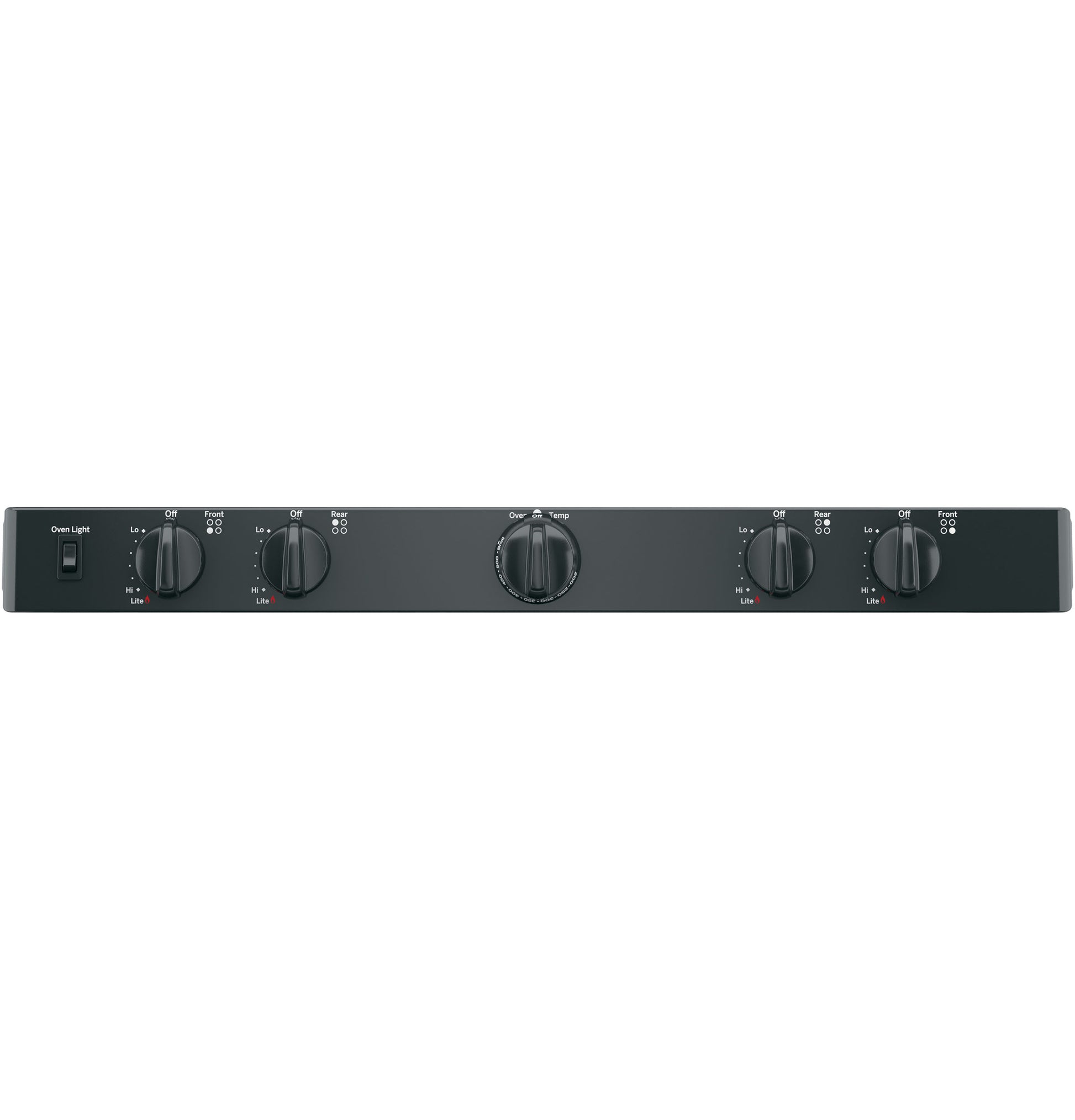Control panel with five black knobs for burners and oven light switch on gas range in kitchen appliances collection