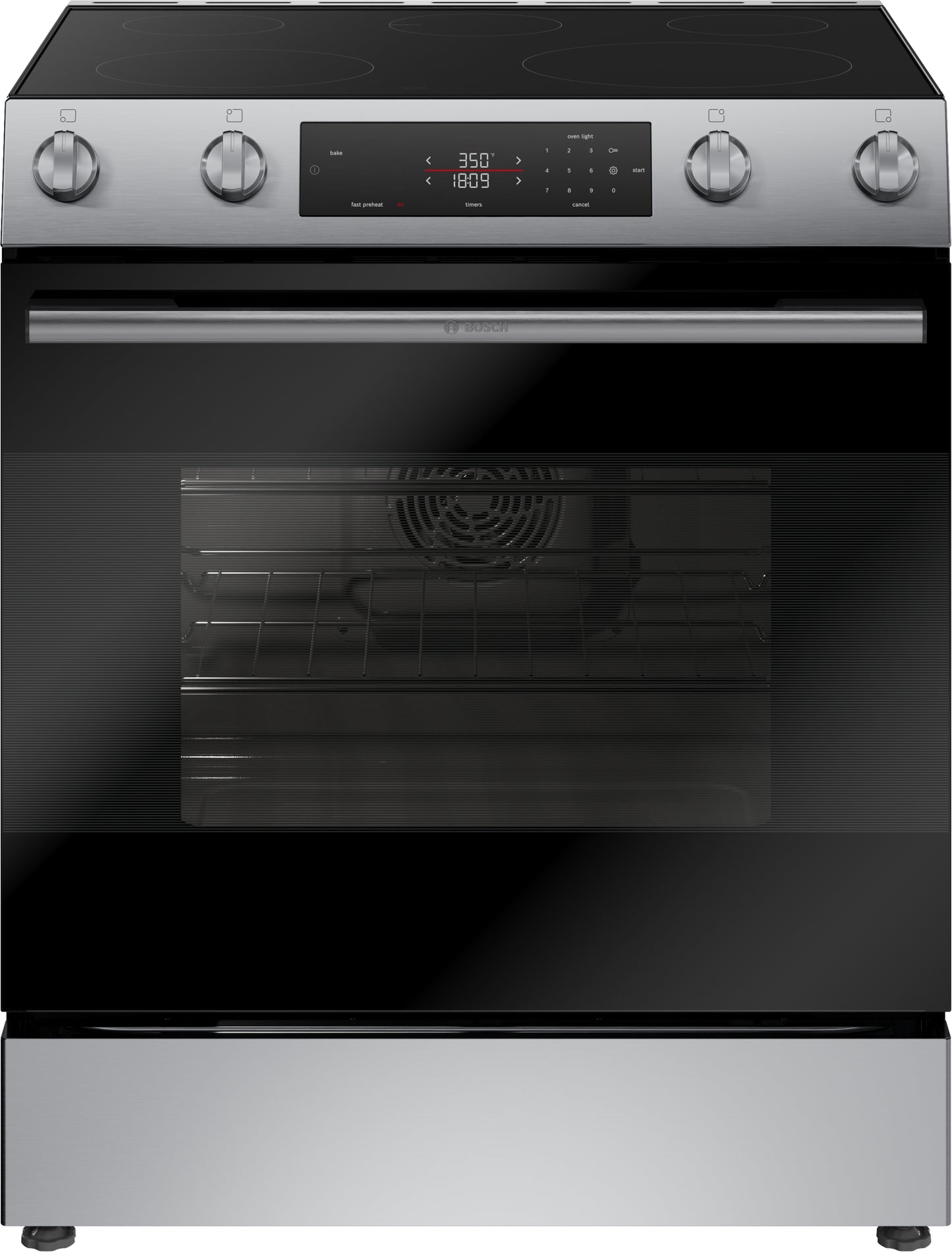 Stainless steel electric freestanding range with digital touch controls and a large oven window in kitchen appliances collection