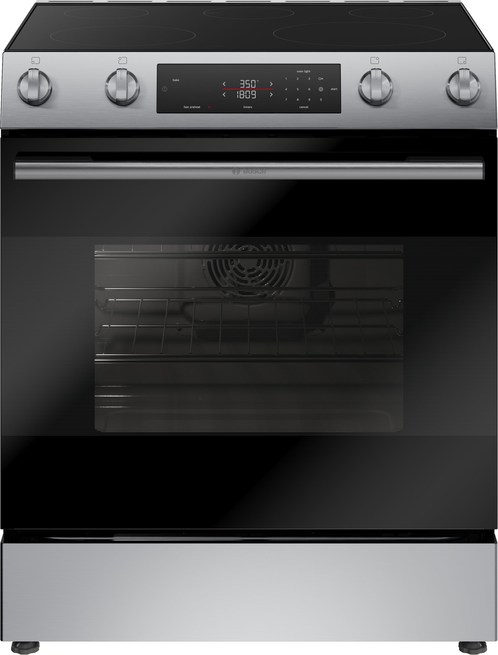 Stainless steel electric freestanding range with digital touch controls and a large oven window in kitchen appliances collection