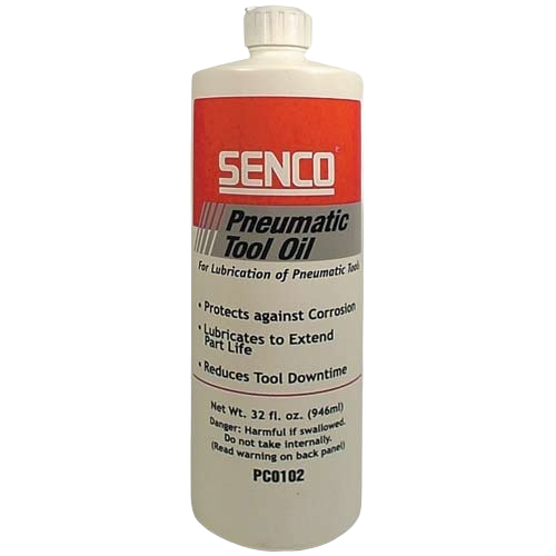 White plastic bottle of pneumatic tool oil with red and white label for power tool maintenance under $50 collections