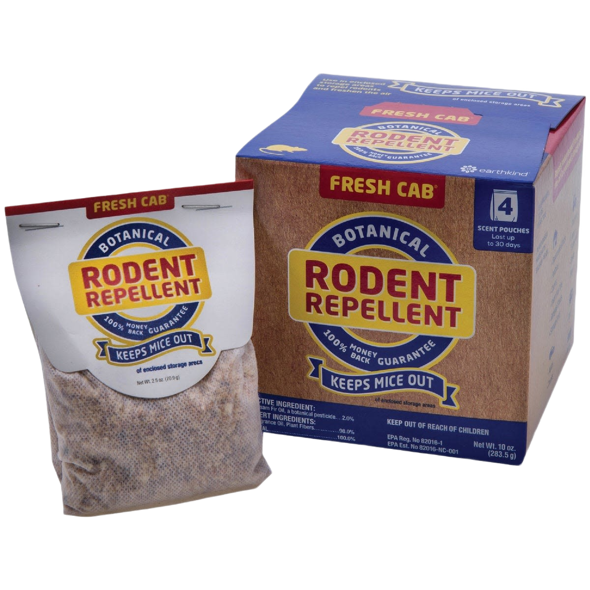 Box and single pouch of Fresh Cab botanical rodent repellent granules for pest control in Lawn & Garden collections under $50