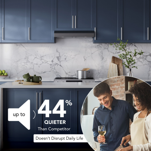 Modern kitchen with navy blue cabinets, marble backsplash, and a quiet under cabinet range hood from appliances collection