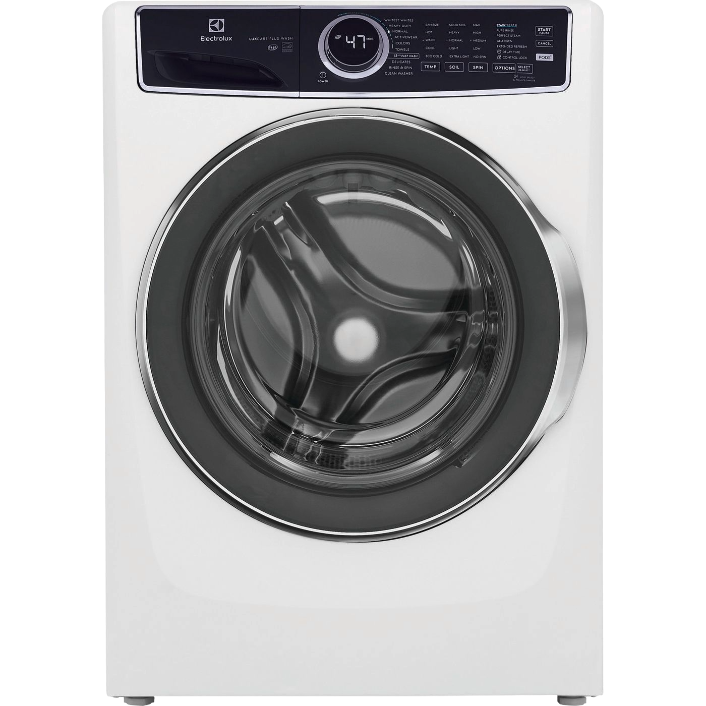 White front load washer with digital control panel and circular glass door, part of washers and dryers appliance collection