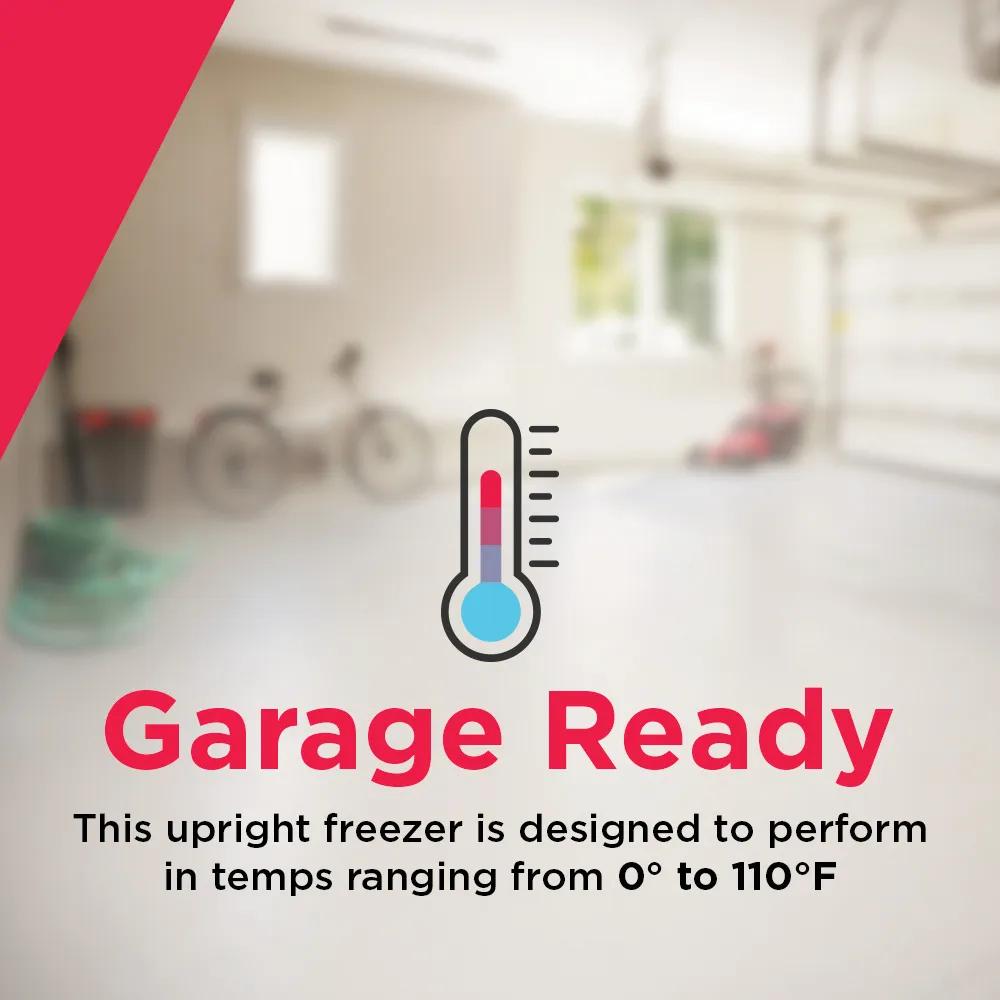 Thermometer graphic over blurred garage background highlighting freezer performance from 0° to 110°F in appliances collection.