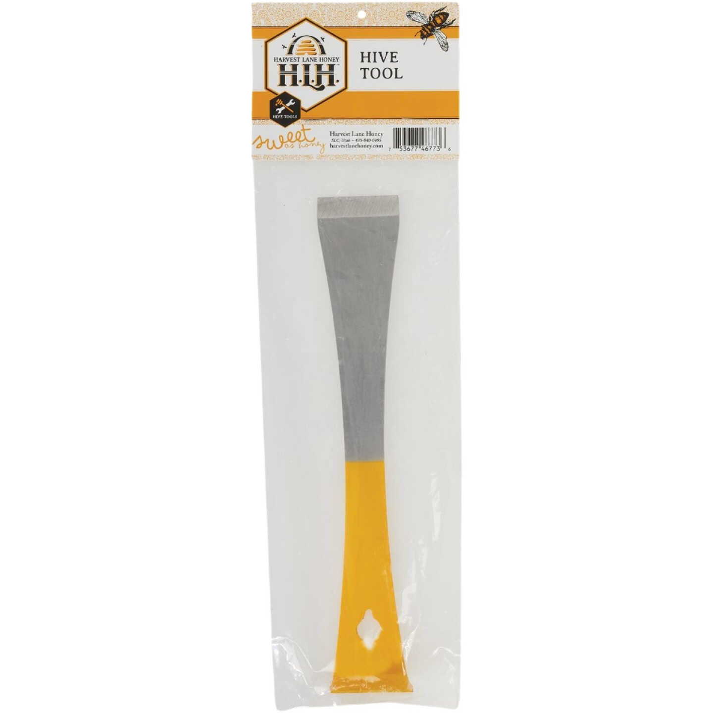 Steel hive tool with yellow handle designed for beekeeping and home improvement tasks and tools