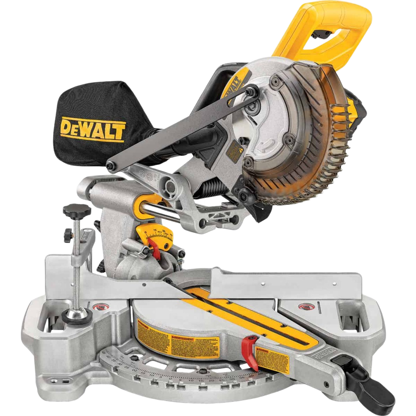 Compact 7-1/4" sliding miter saw with yellow handle, dust bag, and adjustable base, part of Dewalt power tools collection