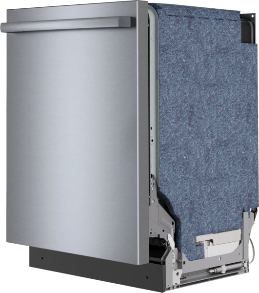 Partial view of a 24-inch stainless steel dishwasher with anti-fingerprint finish in kitchen appliances collection