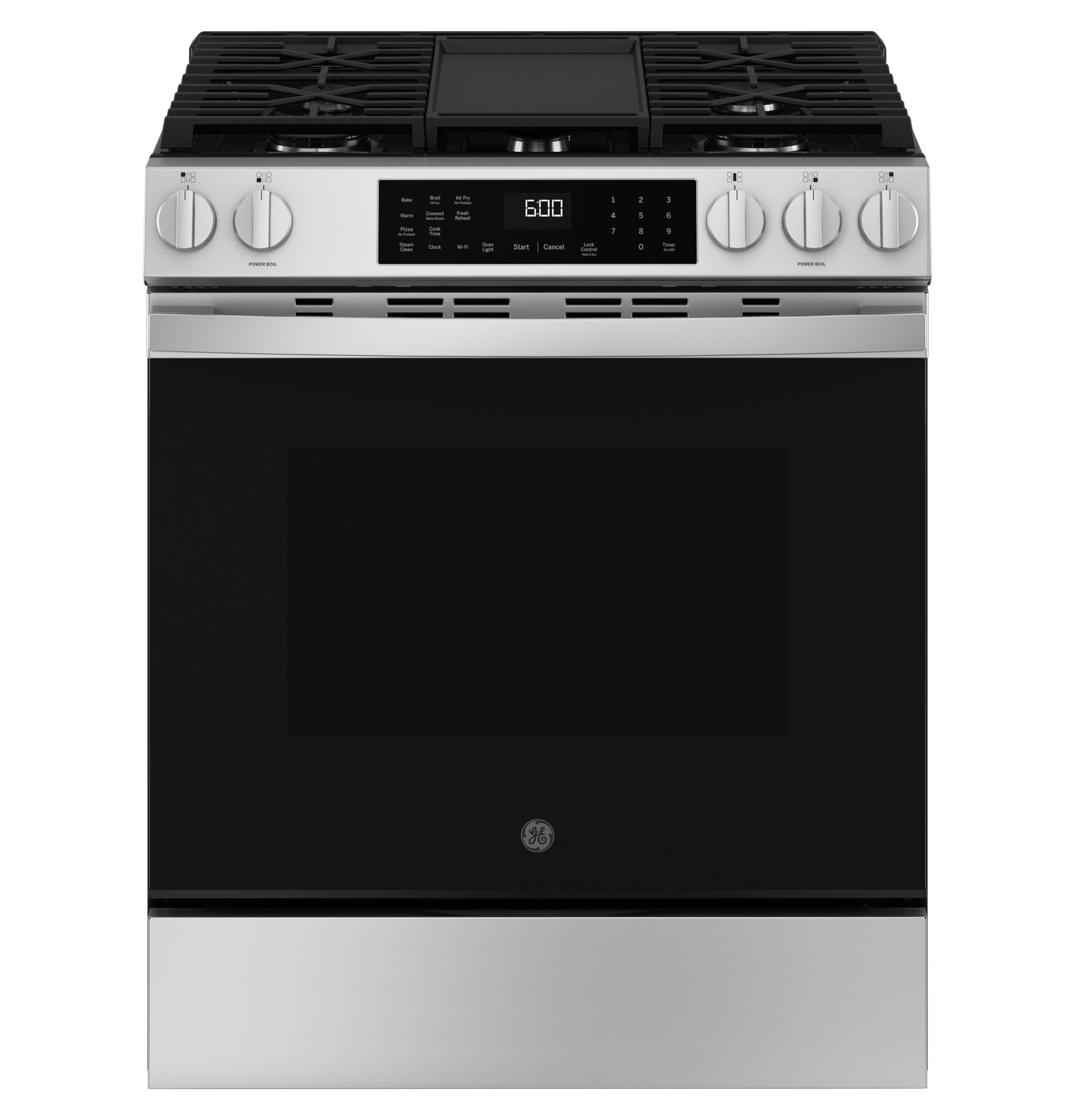 Stainless steel gas range with slide-in design, front controls, digital display, and convection oven in kitchen appliance collections