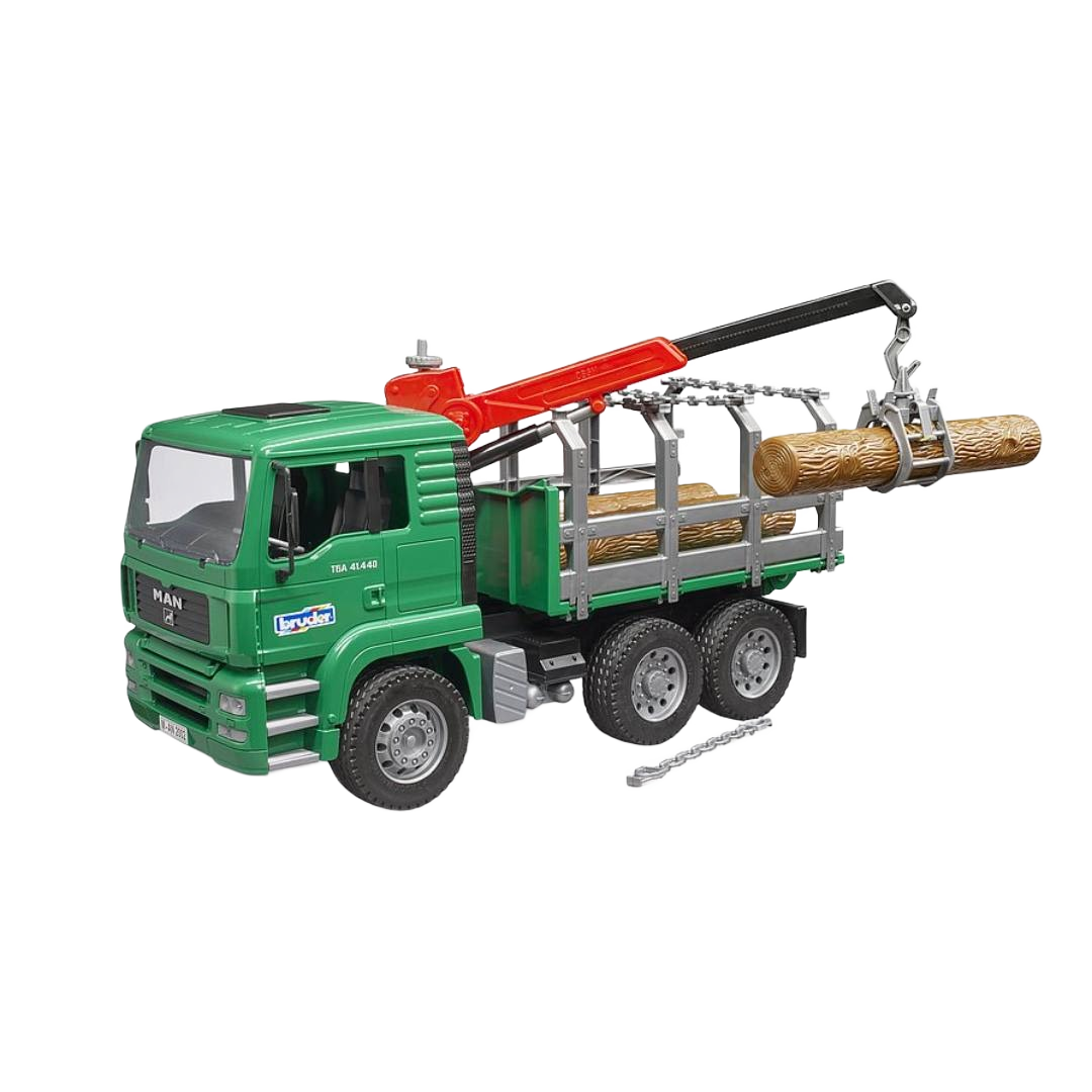 Green toy timber truck with red crane lifting a log and secured logs for tools and home improvement play.