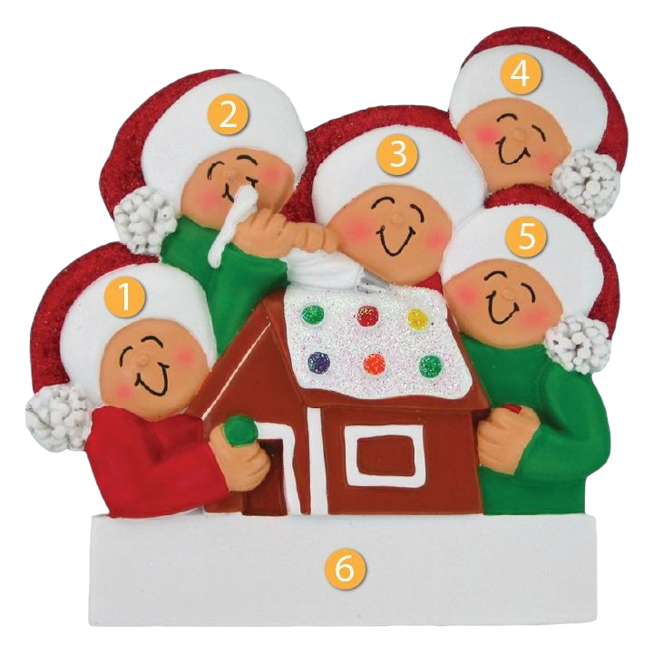 Five smiling figures wearing red and green hats decorating a gingerbread house Christmas ornament under $50