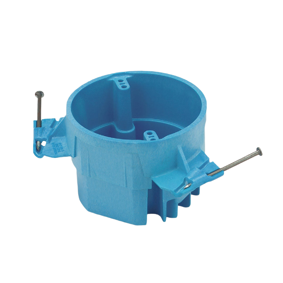 Blue plastic nail-on electrical ceiling box with mounting nails for secure installation in home improvement projects