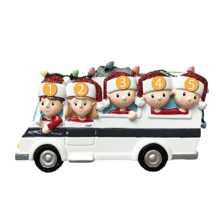 Family of five in numbered Santa hats riding white RV ornament in Christmas Ornaments & Tree Decorations collection