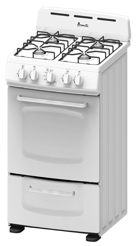White 20-inch freestanding gas range with four burners and control knobs in Ranges and Appliances collections at Hartville Hardware