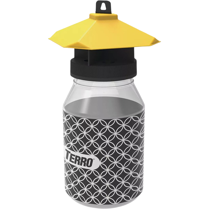 Reusable yellow and black flying insect trap designed for safe pest control in lawn and garden settings
