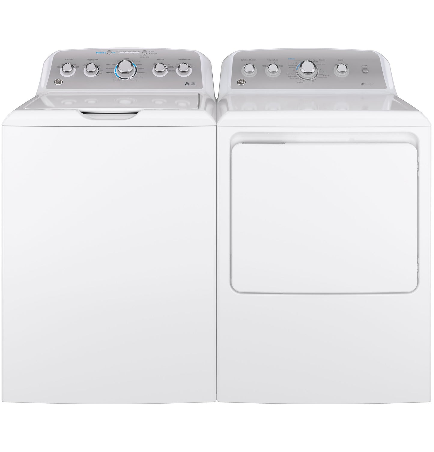 Pair of white top load washer and electric dryer with metallic control panels from washers and dryers collection