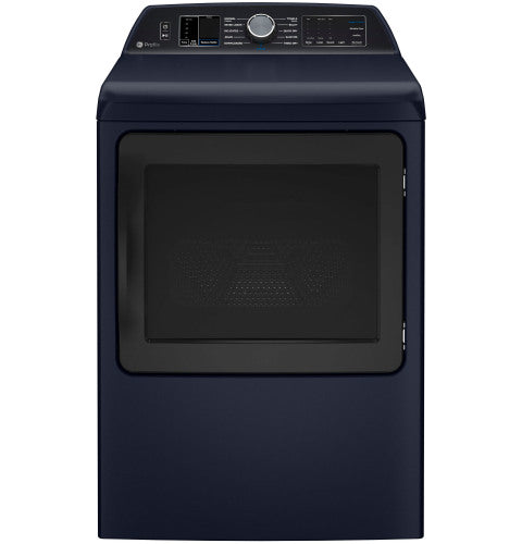 Modern electric dryer in dark blue with large window door, digital controls, and stainless steel knob for home appliances collection