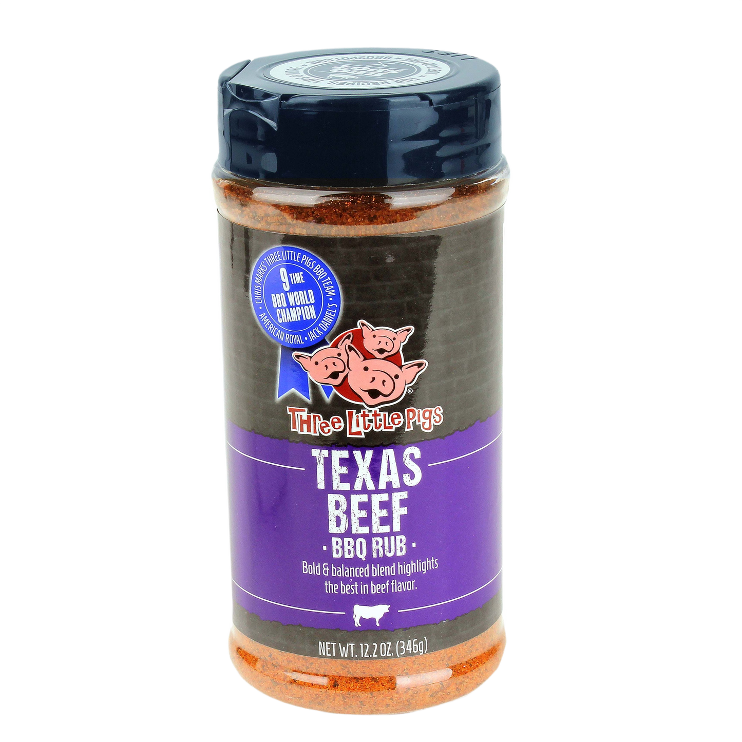 Clear plastic bottle of Three Little Pigs Texas Beef BBQ rub with bold seasoning blend for grilling and BBQ sauces collections