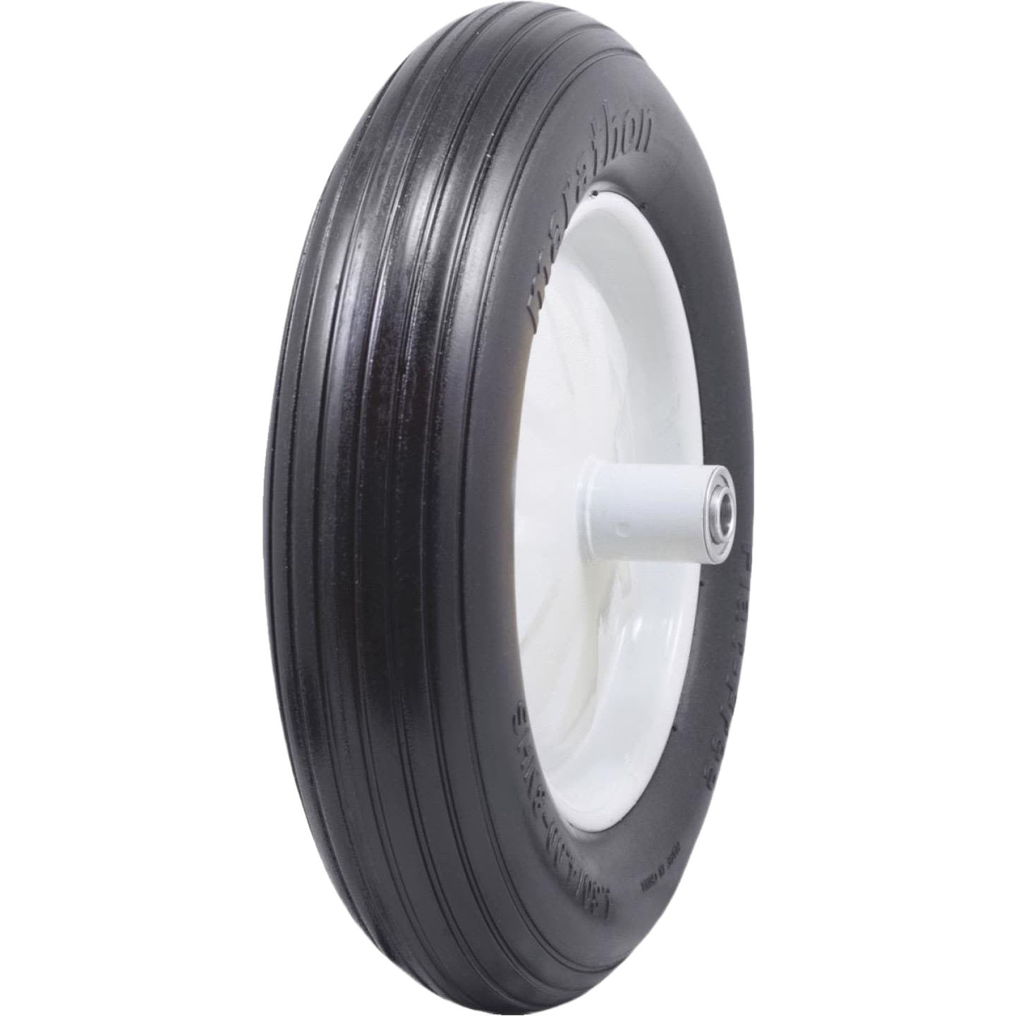 Solid flatless replacement wheel with polyurethane tire and white metal hub for wheelbarrow repair and home improvement tools