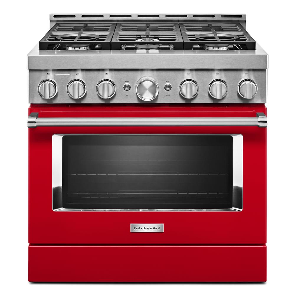 red smart commercial-style gas range with six burners and stainless steel control knobs in kitchen appliances collection