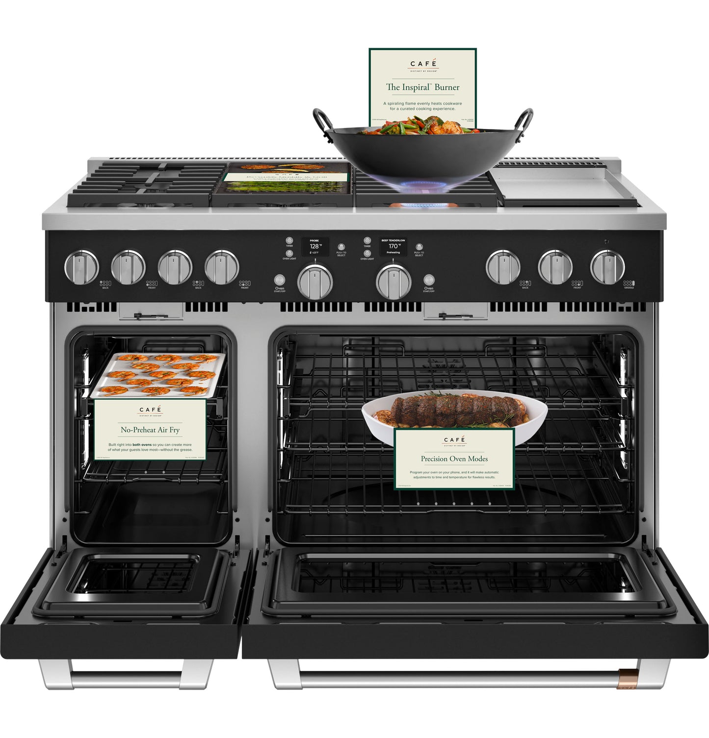 Commercial-style stainless steel range with six burners, griddle, dual ovens, and cast iron grates in kitchen appliances collection
