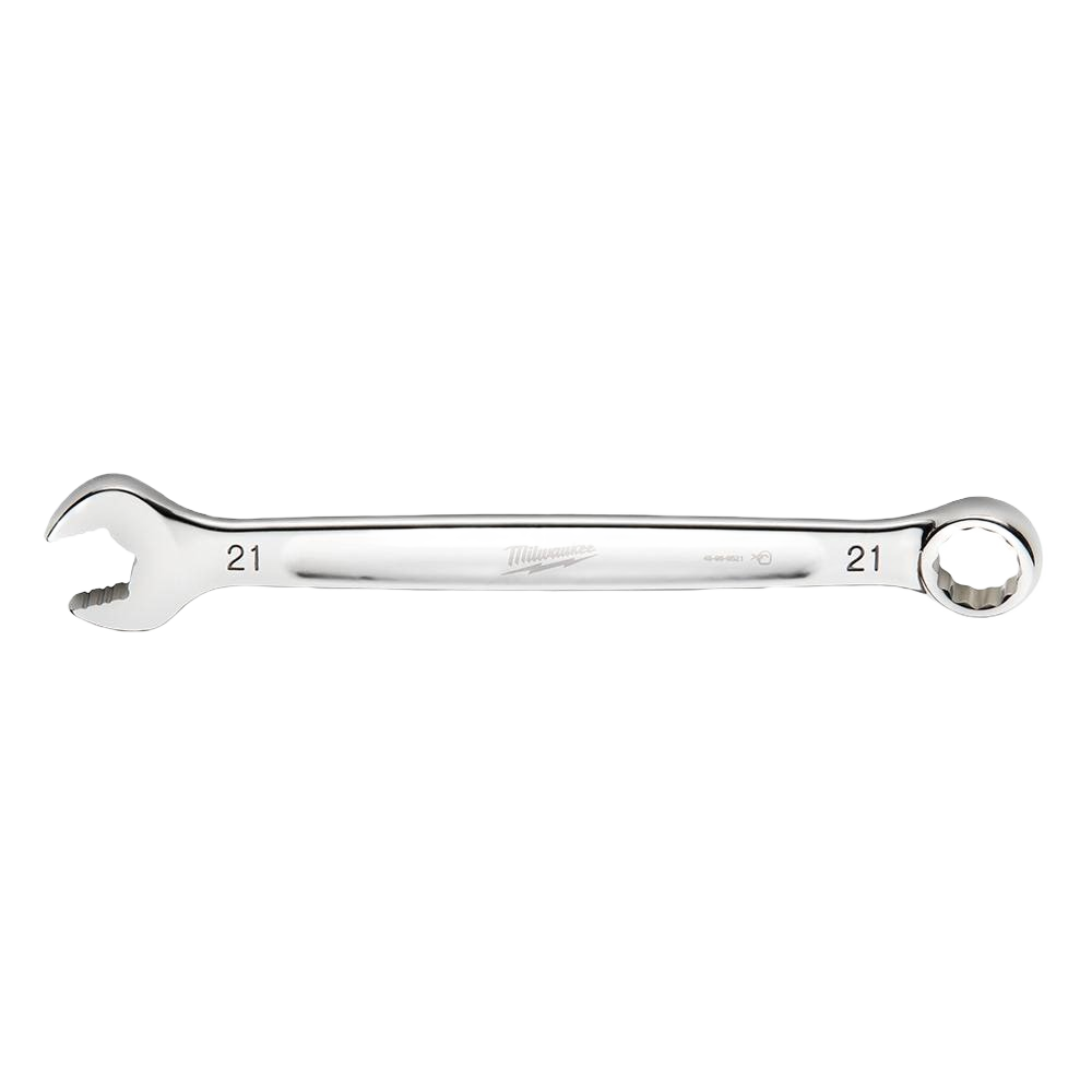 Polished 21-mm metric combination wrench with open and box ends for versatile tools and home improvement tasks