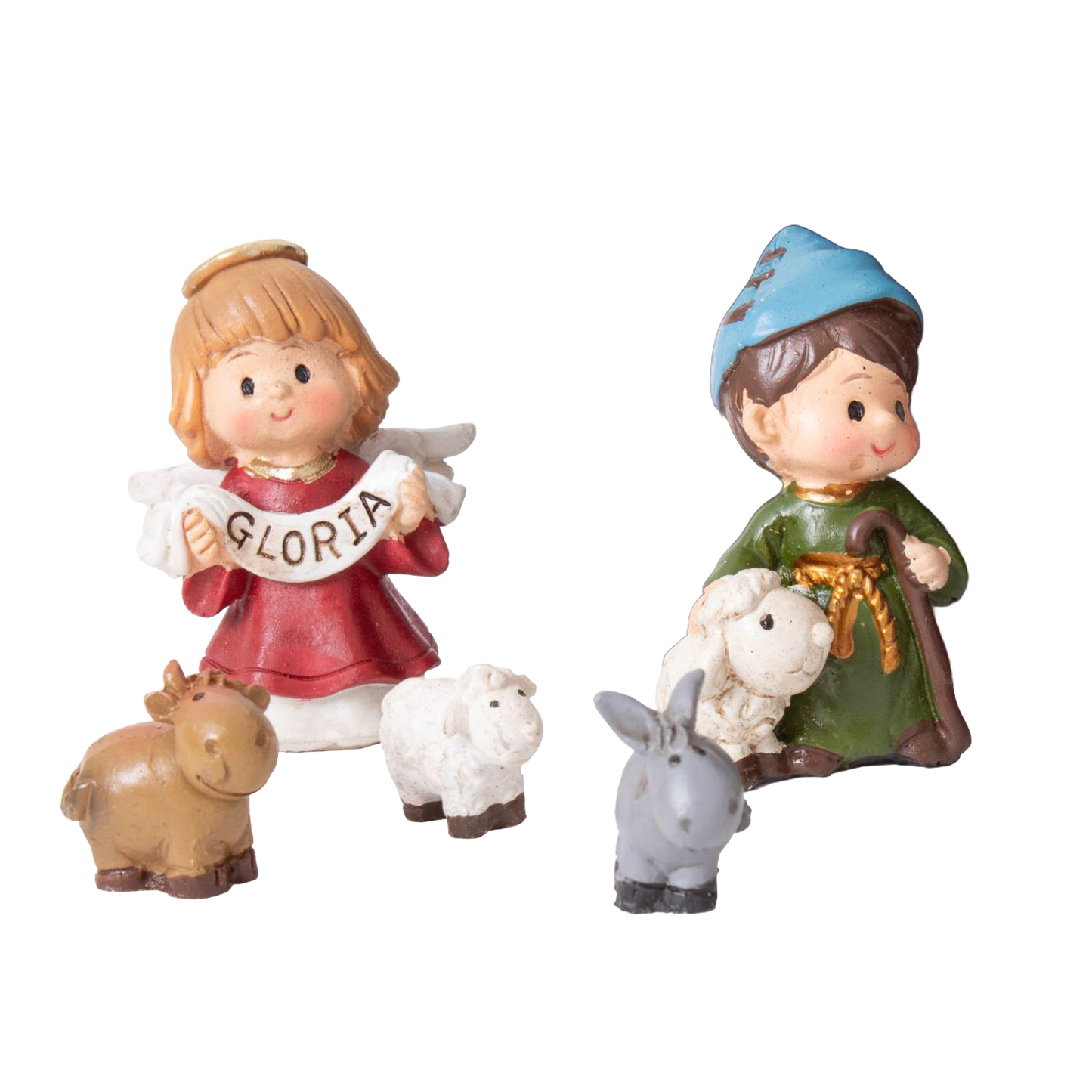 Small nativity figurines including an angel, shepherd, and animals for Christmas and Nativity Scenes collections