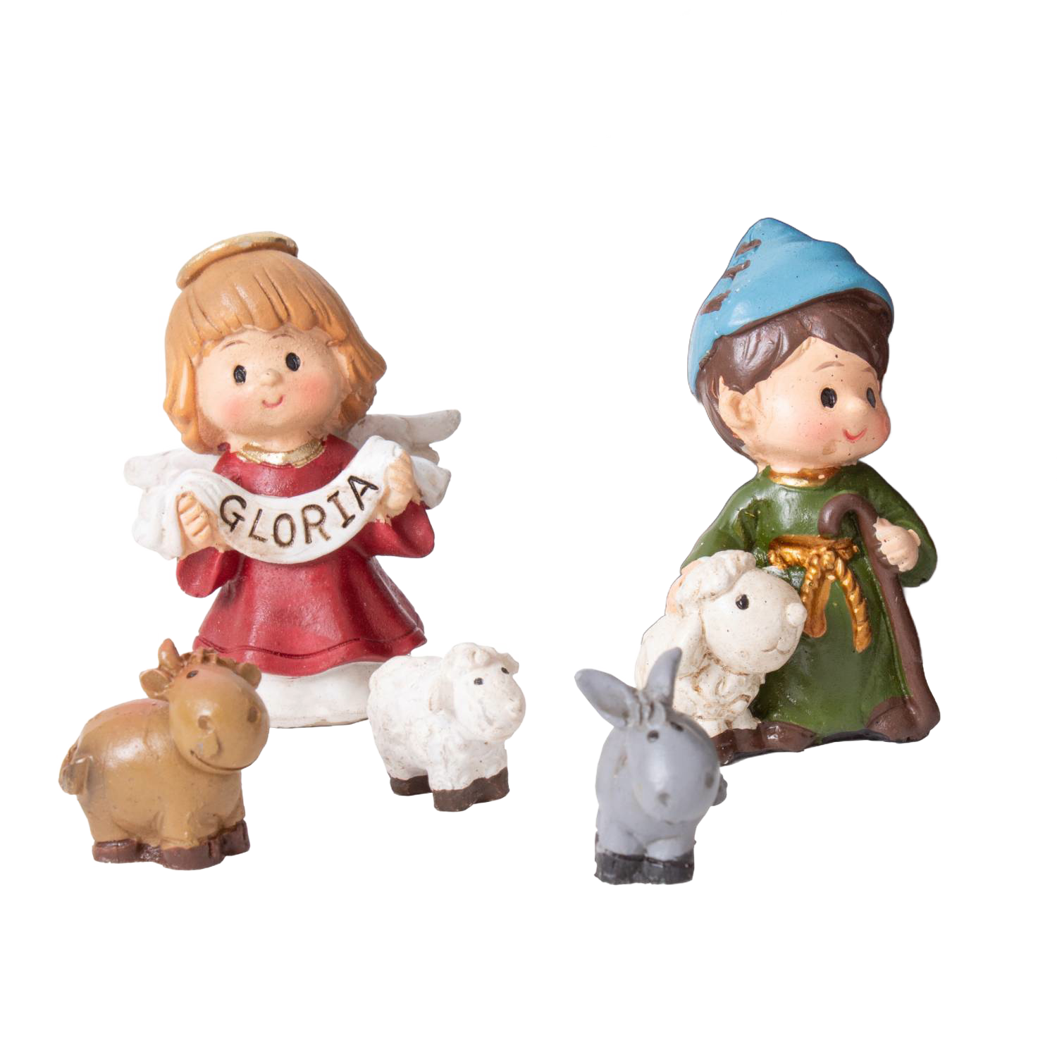 Small nativity figurines including an angel, shepherd, and animals for Christmas and Nativity Scenes collections