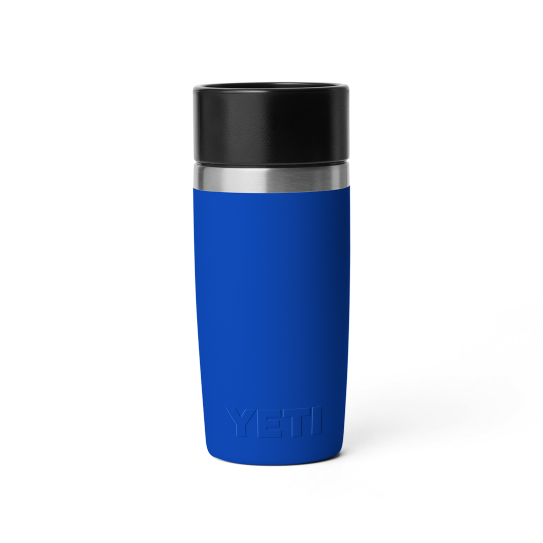 Blue stainless steel insulated travel bottle with black lid and YETI logo, designed for drinkware and kitchenware collections under $50.