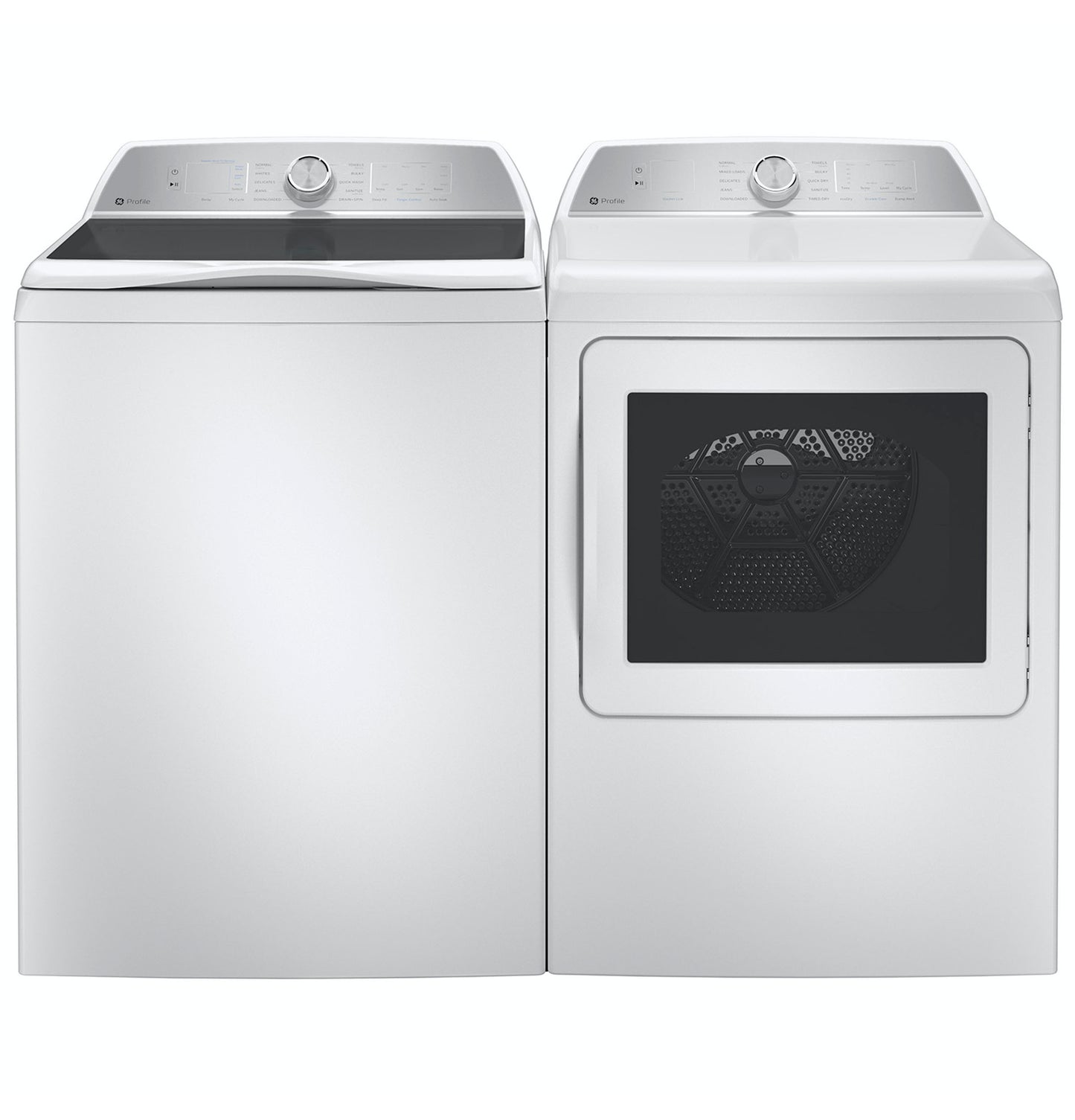 White top load washer with silver control panel paired with matching electric dryer in laundry room appliance set