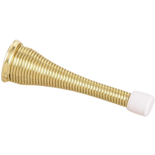Brass broad spring door stop with wide base and rubber tip for wall protection in door accessories and home improvement.
