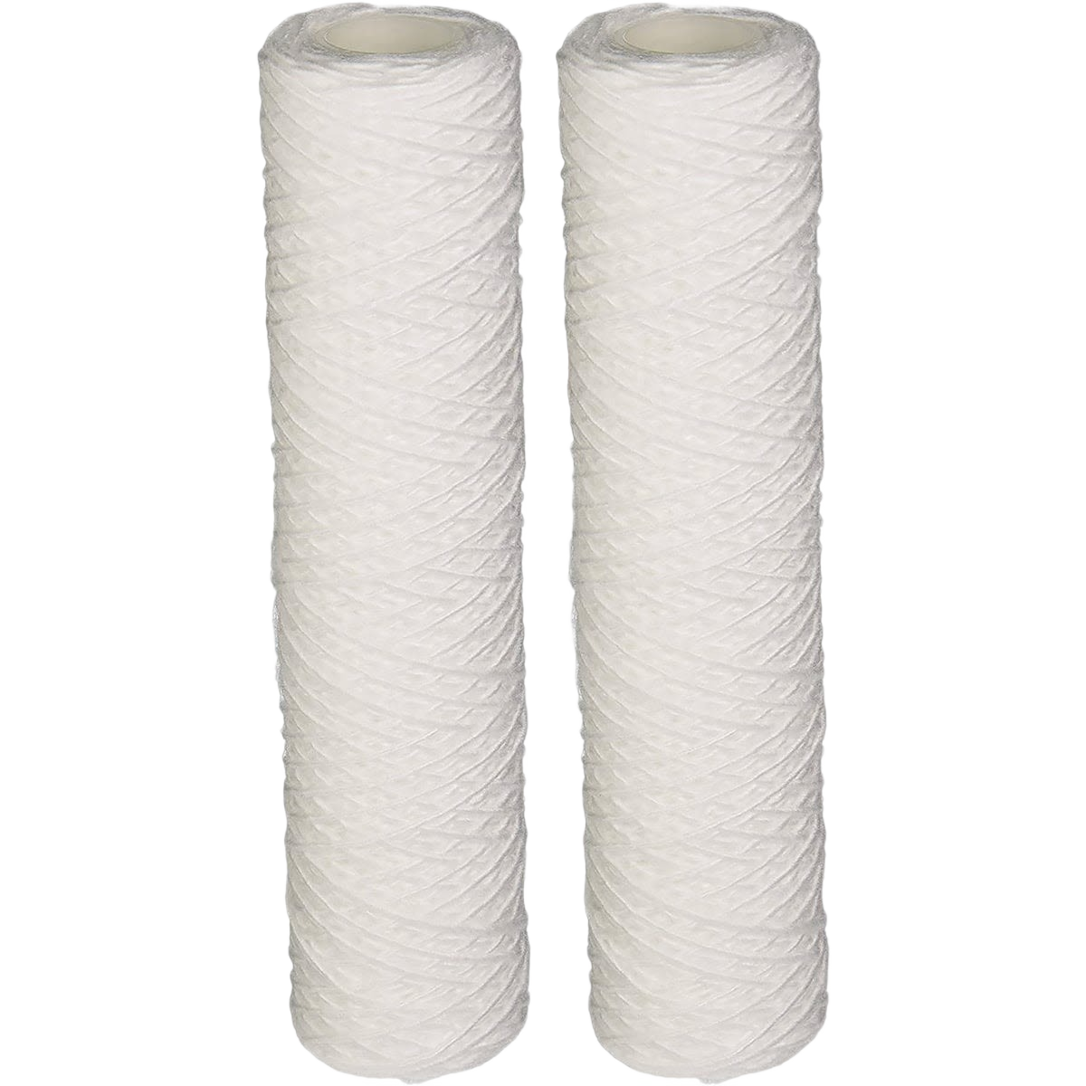 Two white replacement water filter cartridges wrapped in string for whole house water filtration systems