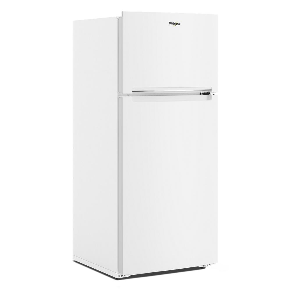 White Whirlpool top freezer refrigerator with sleek handle for the kitchens and appliance collections
