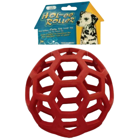 Red rubber open lattice ball dog toy for chewing and interactive play in pet supplies and dog toys collection