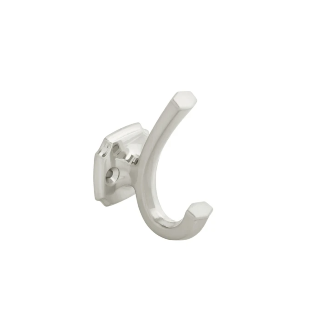 Satin nickel double hook with angled ends for hanging items in home improvement and hardware use