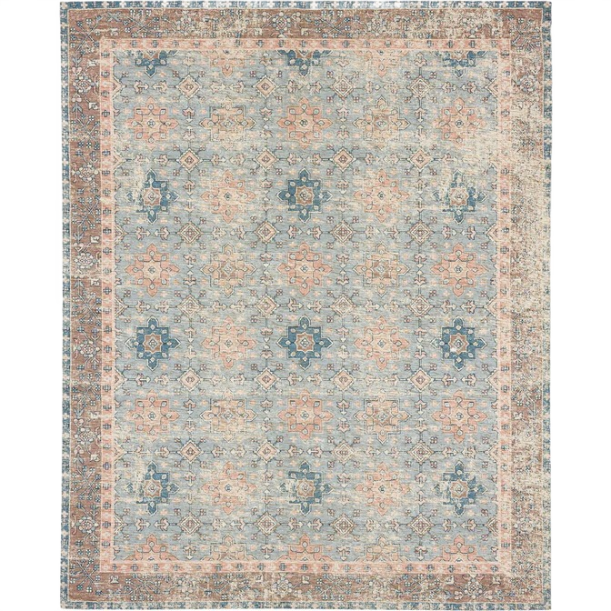 Vintage-inspired blue and rose patterned rug with intricate floral and geometric motifs for home improvement spaces