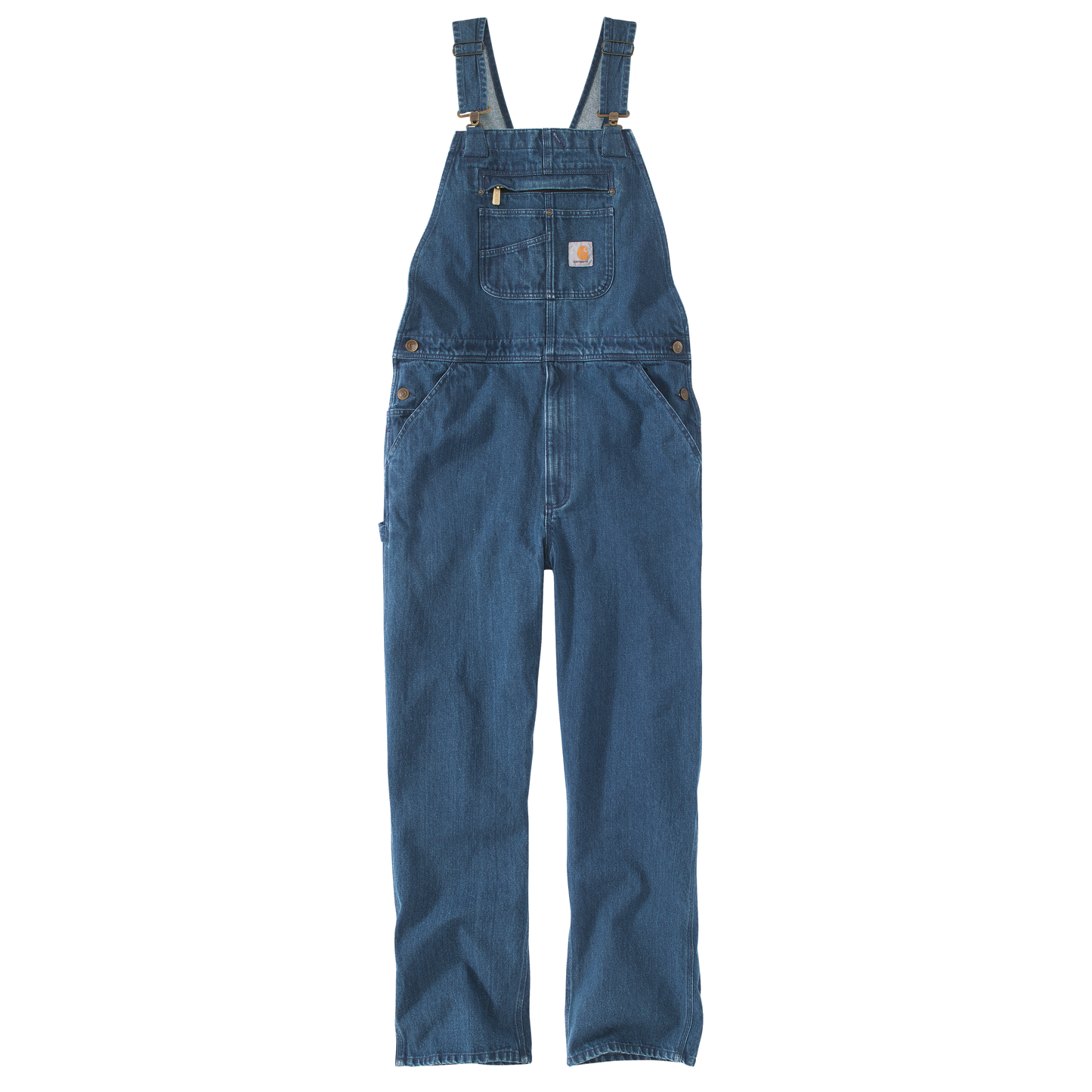 Loose fit blue denim bib overall with adjustable straps and multiple pockets for durable workwear use