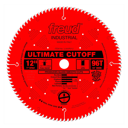 Red freud industrial cutting blade with 96 teeth designed for smooth glass cuts in tools and home improvement projects