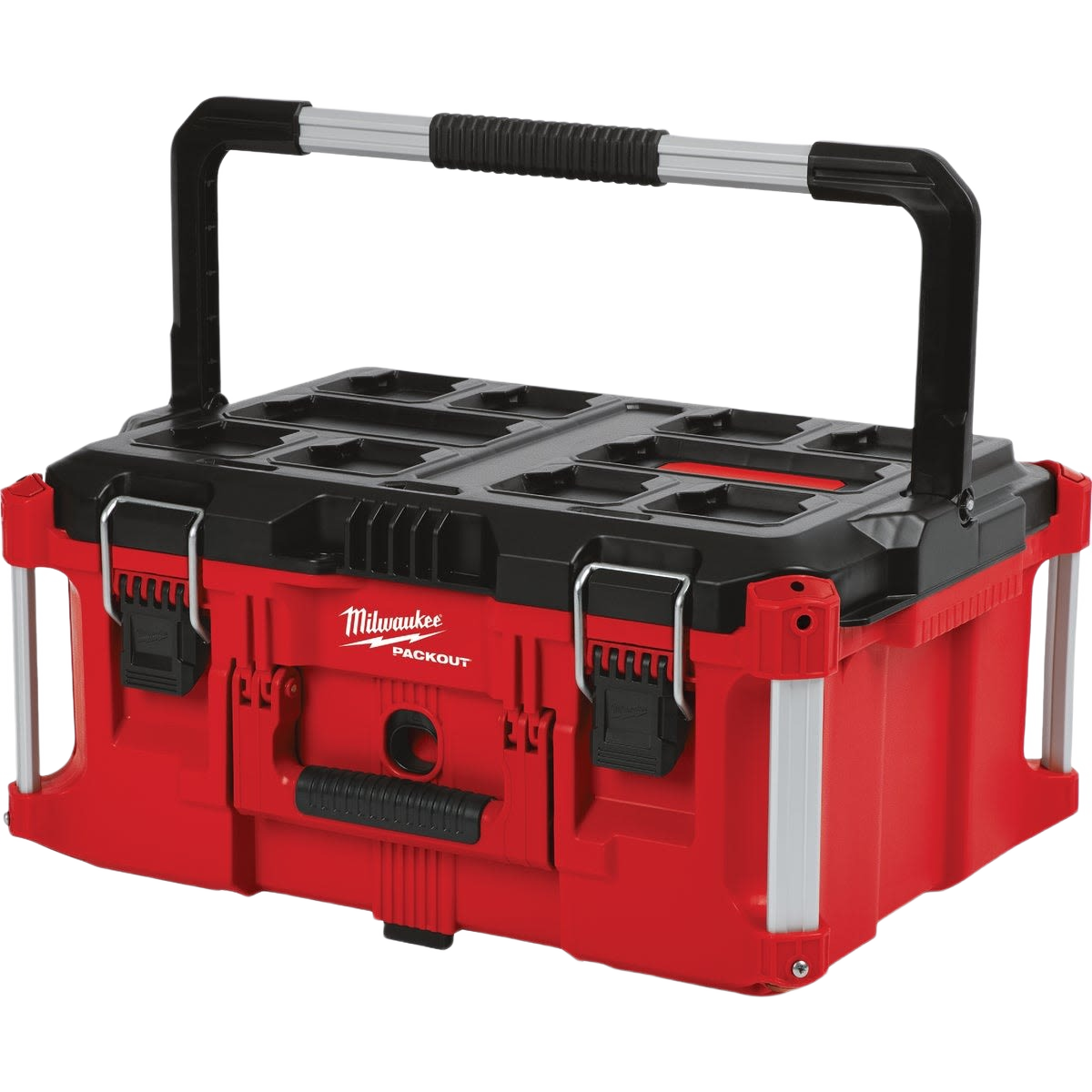 Red and black Milwaukee PACKOUT™ large toolbox with metal latches and sturdy top handle for tool storage and organization