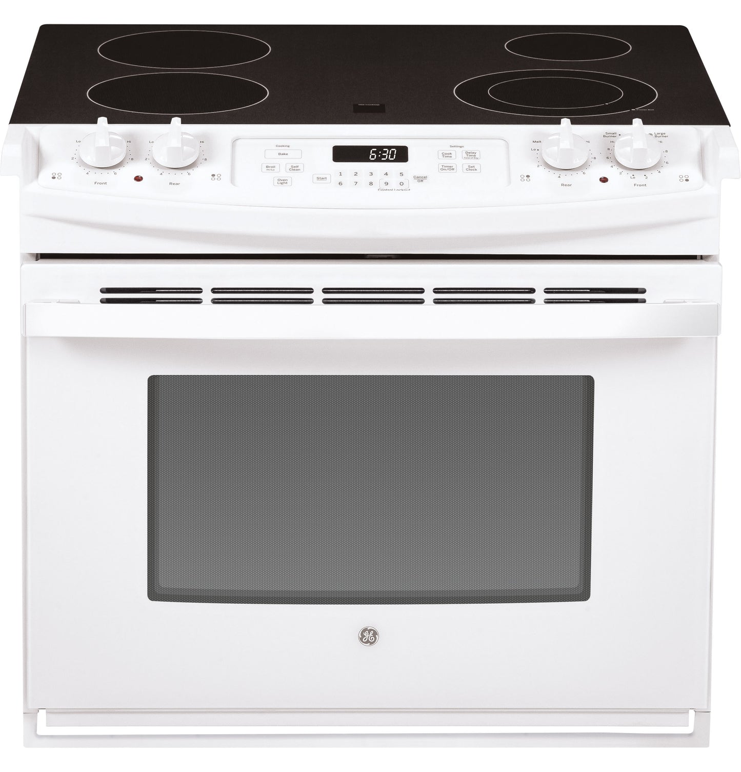 White drop-in electric range with four radiant cooking elements, digital clock, control knobs, and oven window in kitchen appliances collection