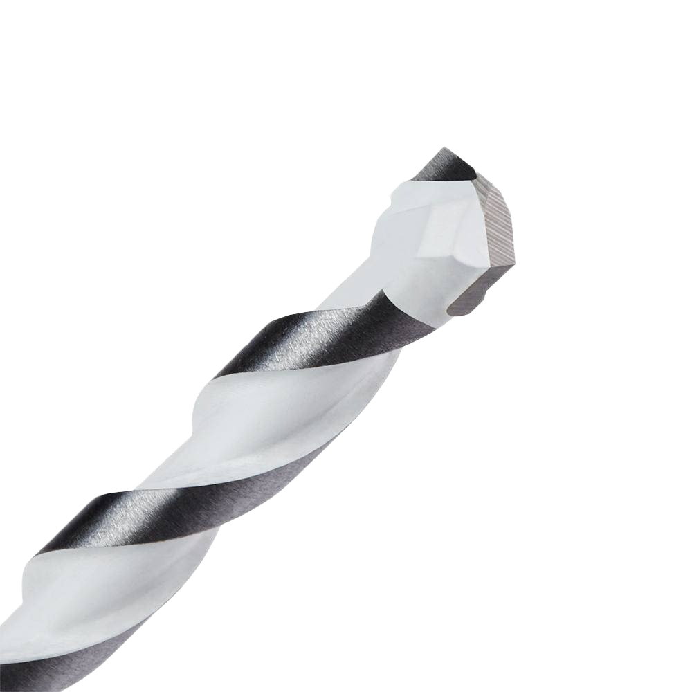 Close-up of a carbide multi-material drill bit tip with a spiral flute for home improvement and tool accessories collections