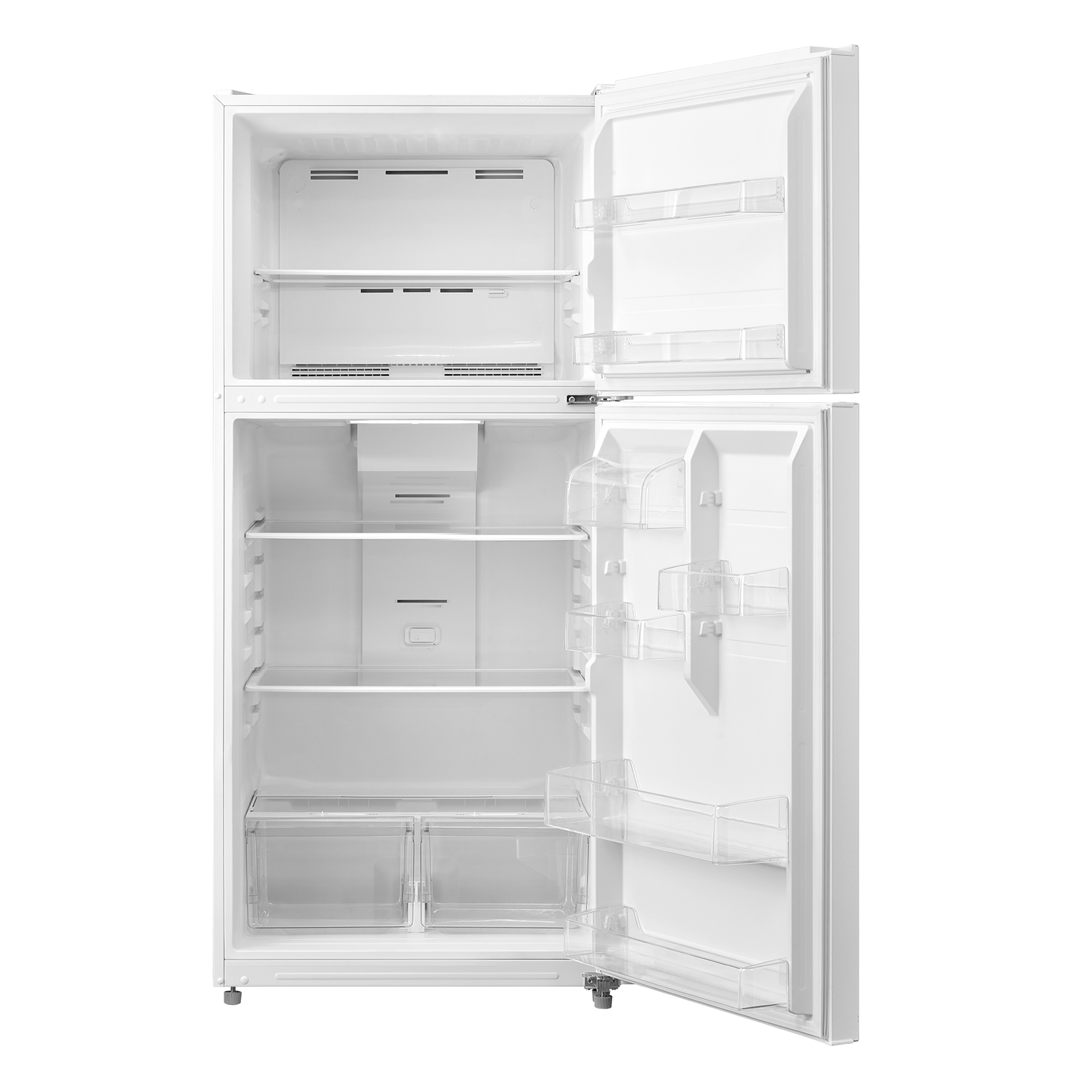 White top freezer refrigerator with adjustable glass shelves, crisper drawers, and spacious door storage for kitchen appliances