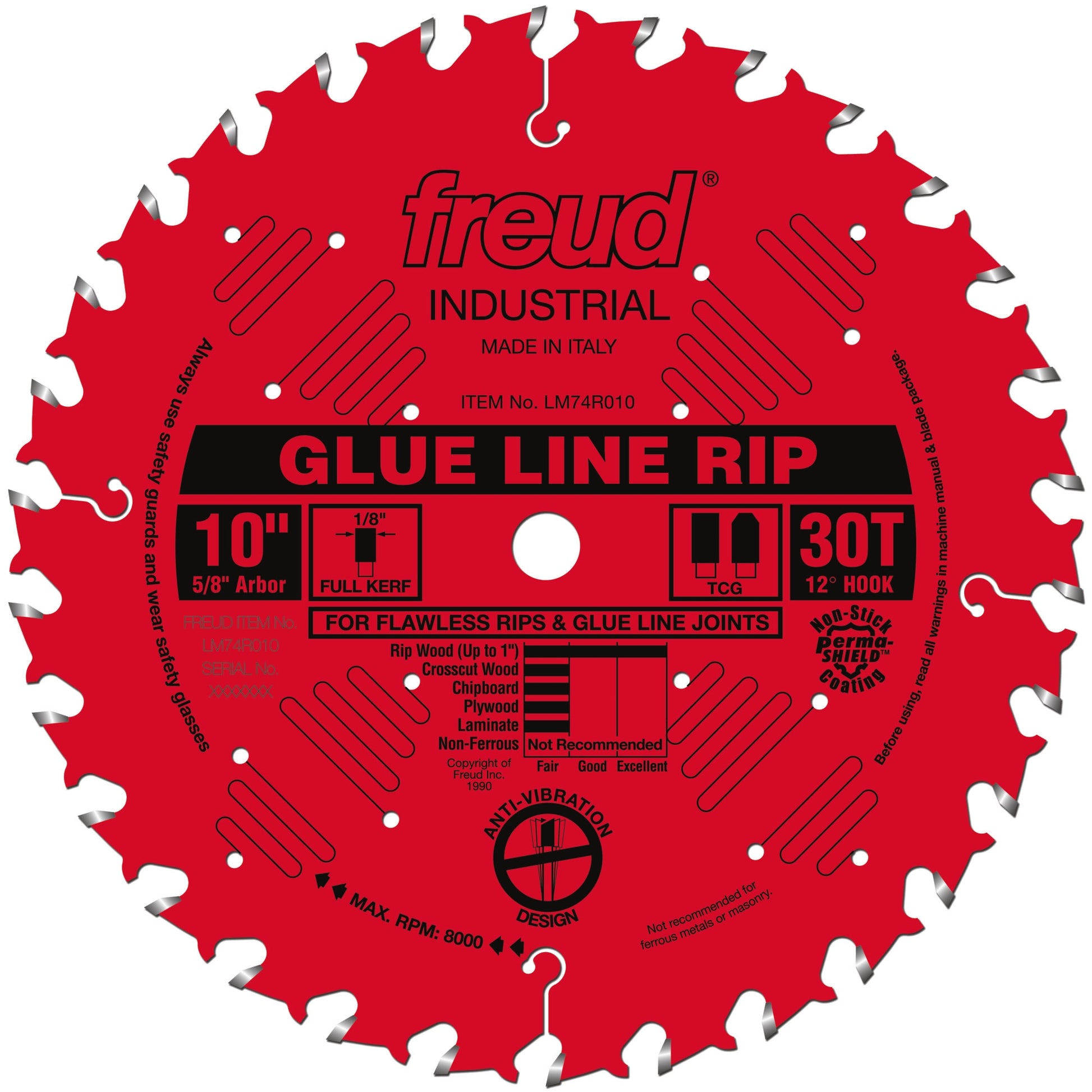 Red 10-inch saw blade with 30 teeth designed for smooth ripping and glue line joints in woodworking projects